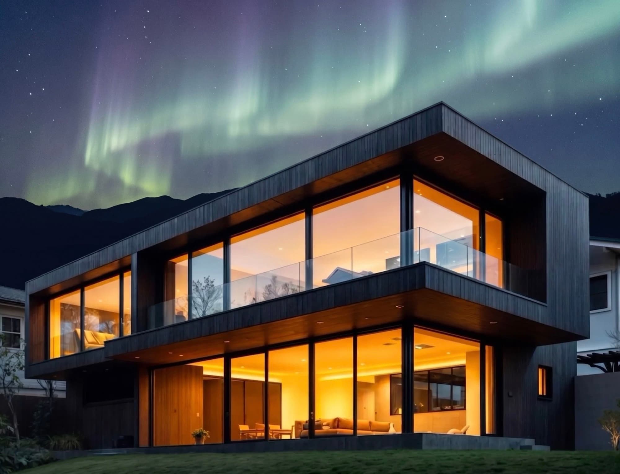 Aurora borealis ribbons over a modern home at night